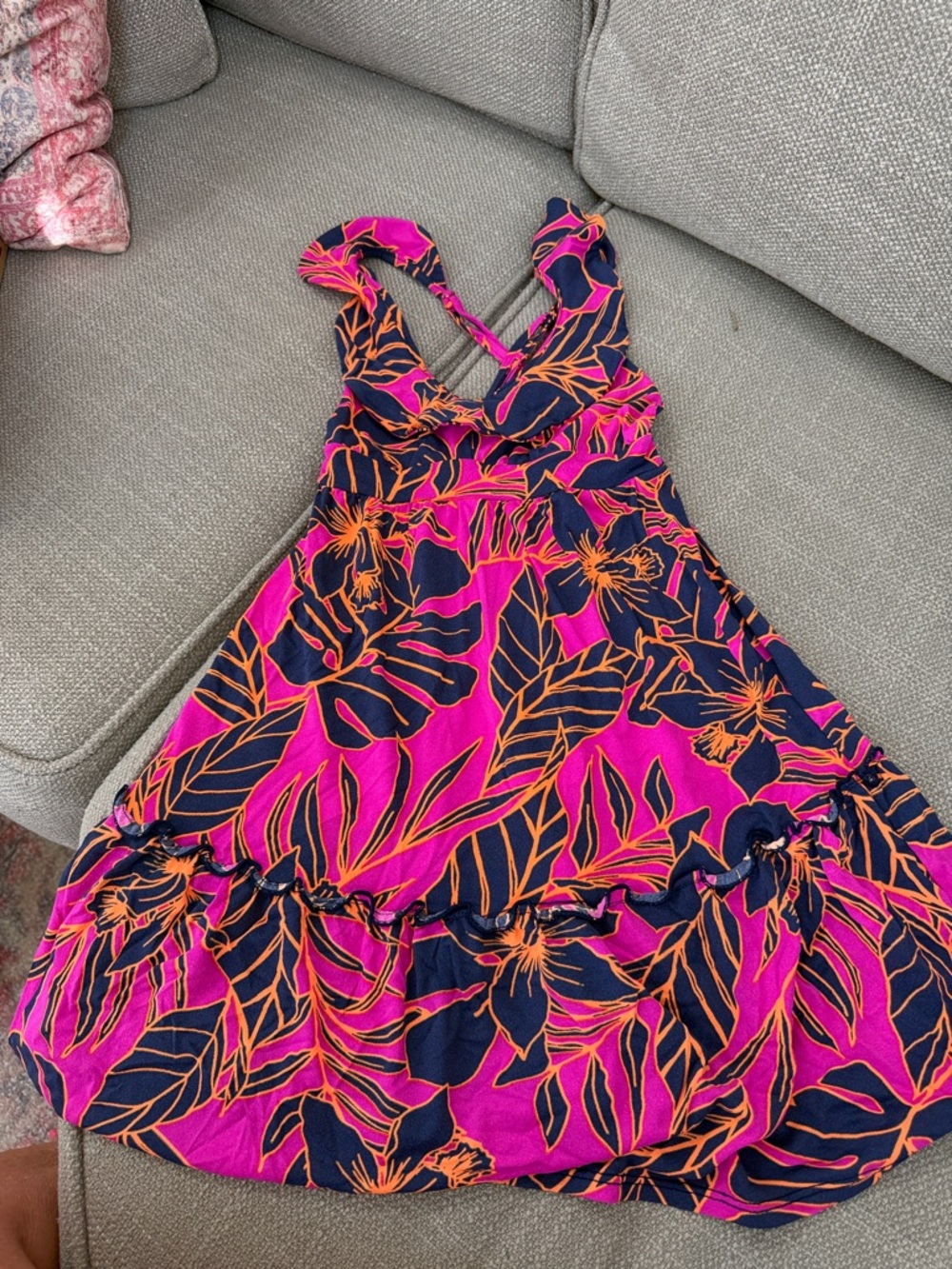 Girls Maaji Vibrant Pink Tropical Dress with Navy & Orange Leaf Print